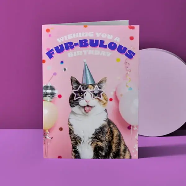 Birthday card featuring a cat wearing star-shaped sunglasses and a party hat with Fur-bulous Birthday message on a pink background.